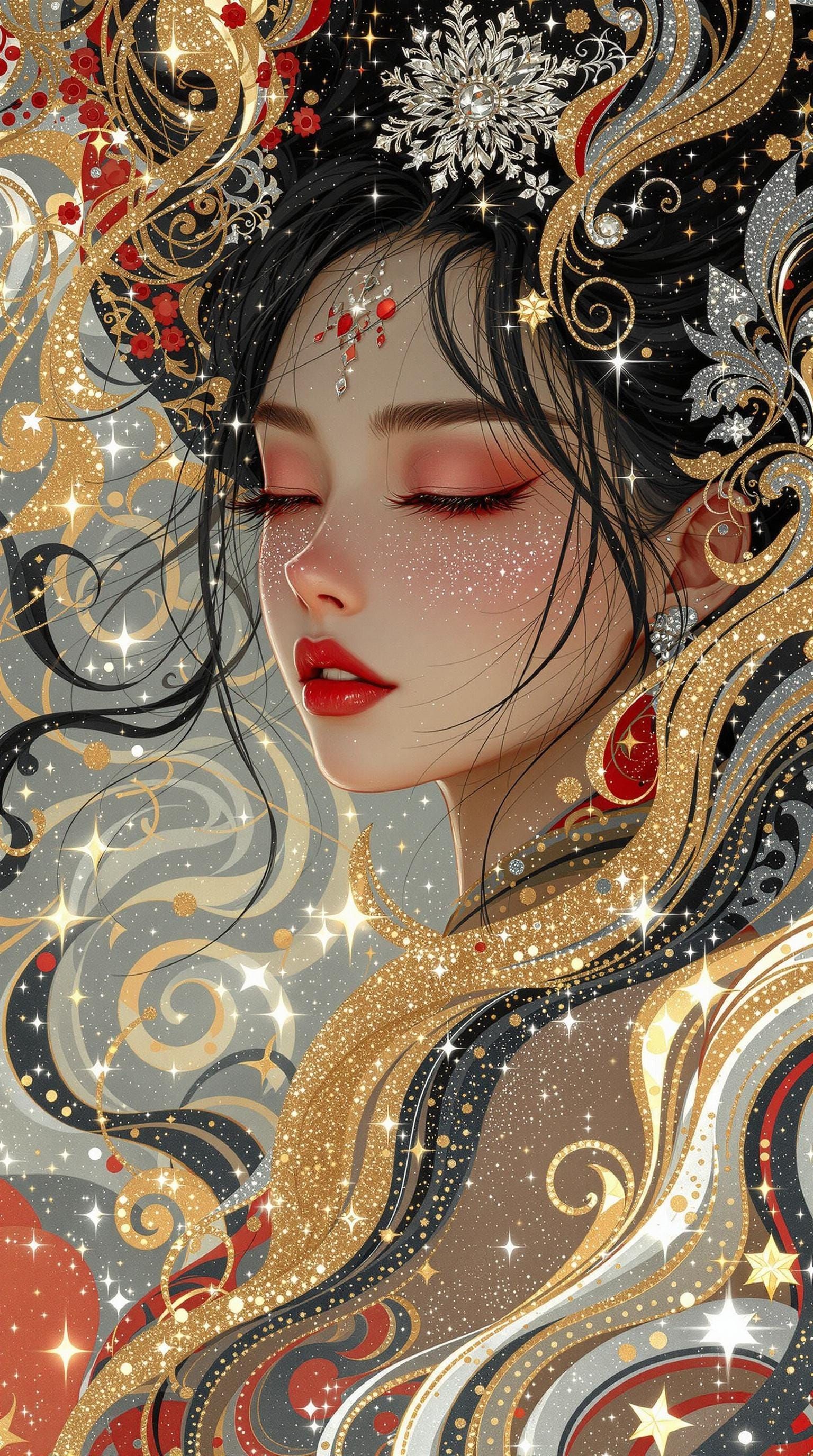 Enchanted Anime Sorceress in Glittering Silvers and Golds