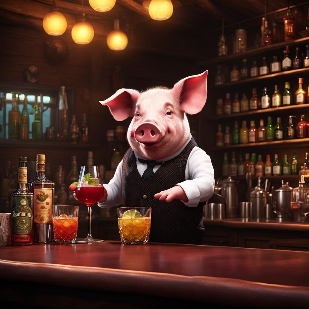 Pig Bartender Shaking Cocktail, Fantasy Concept Art