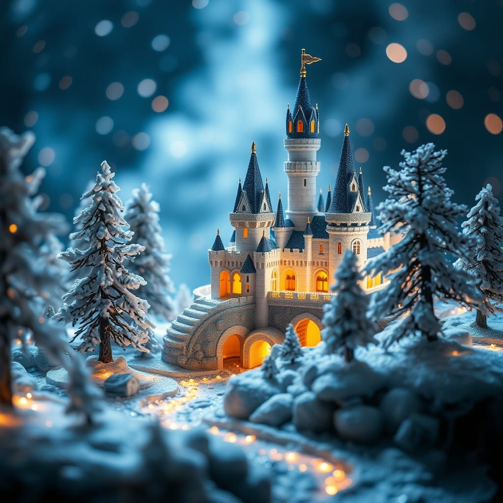 Frozen Fantasy World with Majestic Castle and Glowing Light