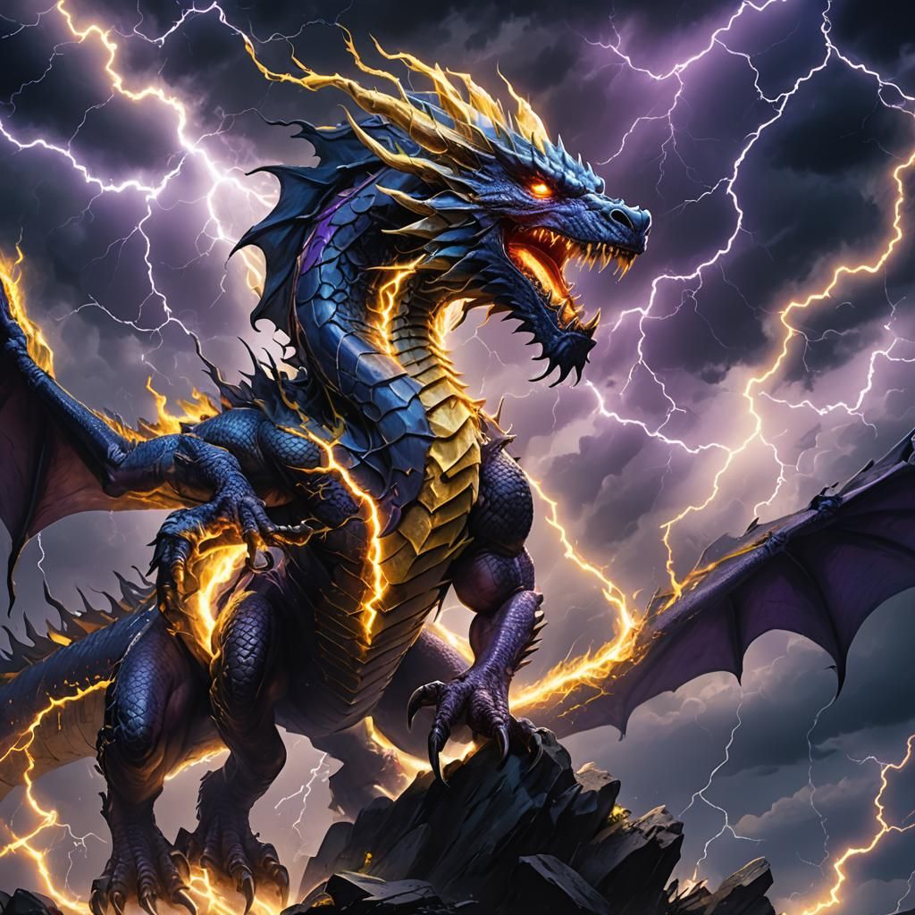 Lightning Dragon Roaring in Stormy Sky: Concept Art