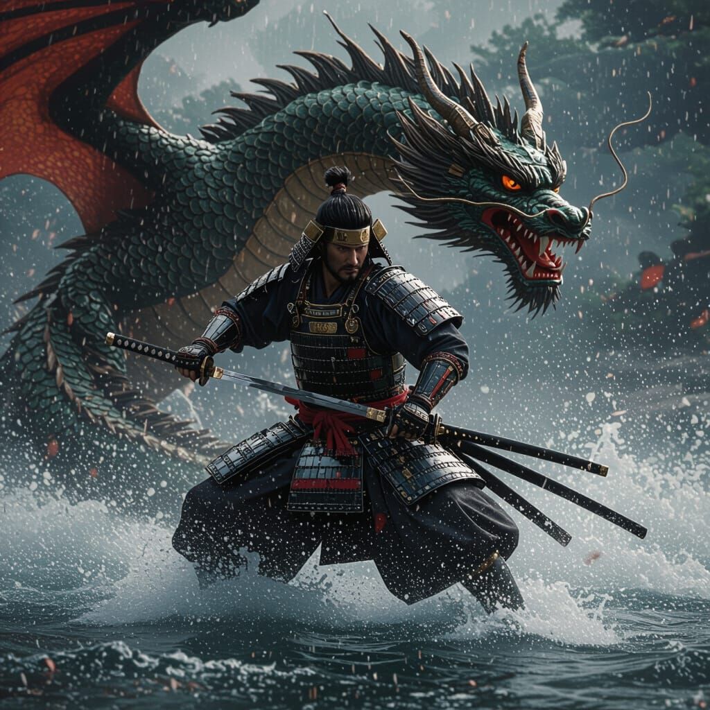 Samurai vs. Dragon: Hokusai-Inspired River Battle