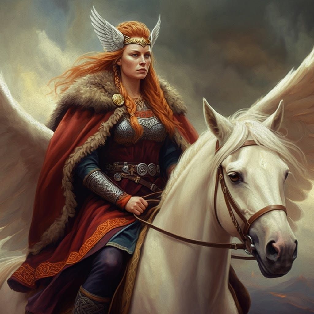 Valkyrie on Winged Horse in Neo-Impressionist Style