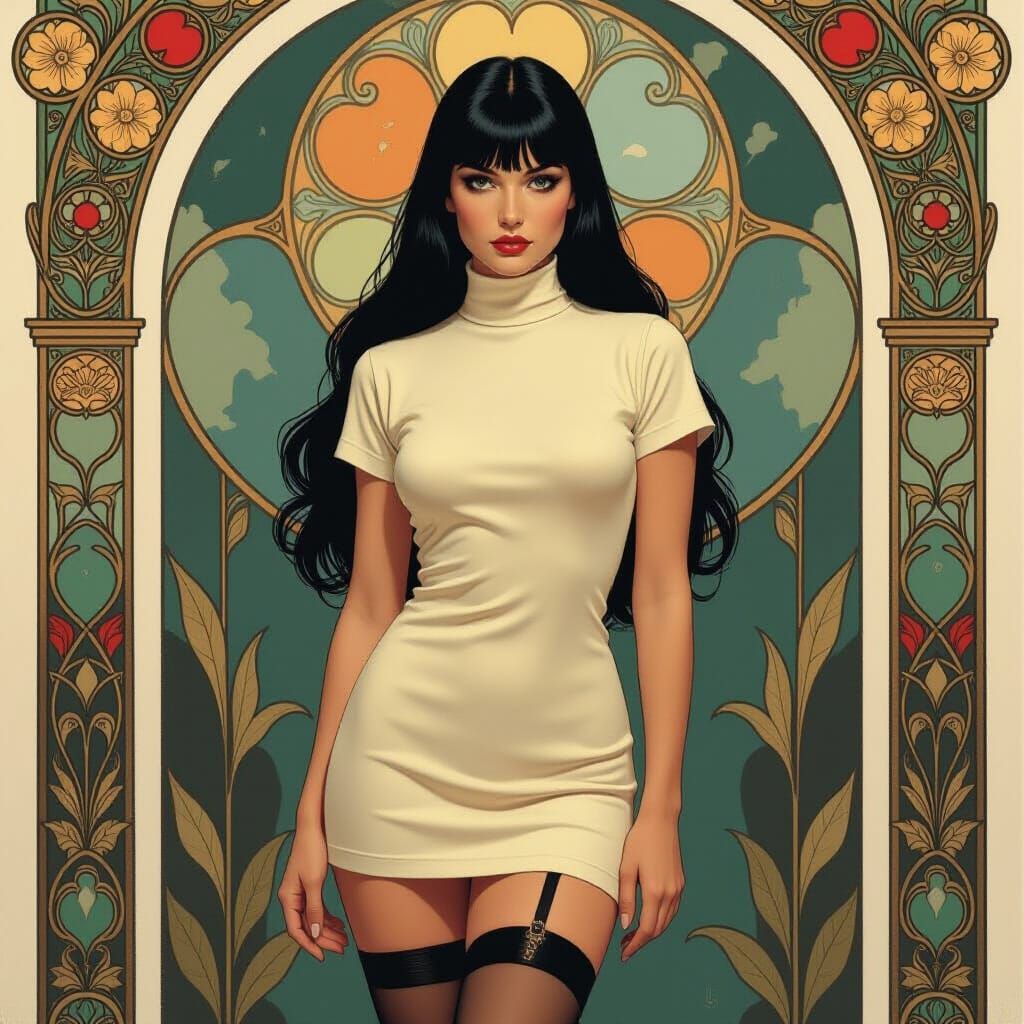 Pin-Up Woman in Ivory Dress, Tonalism Style