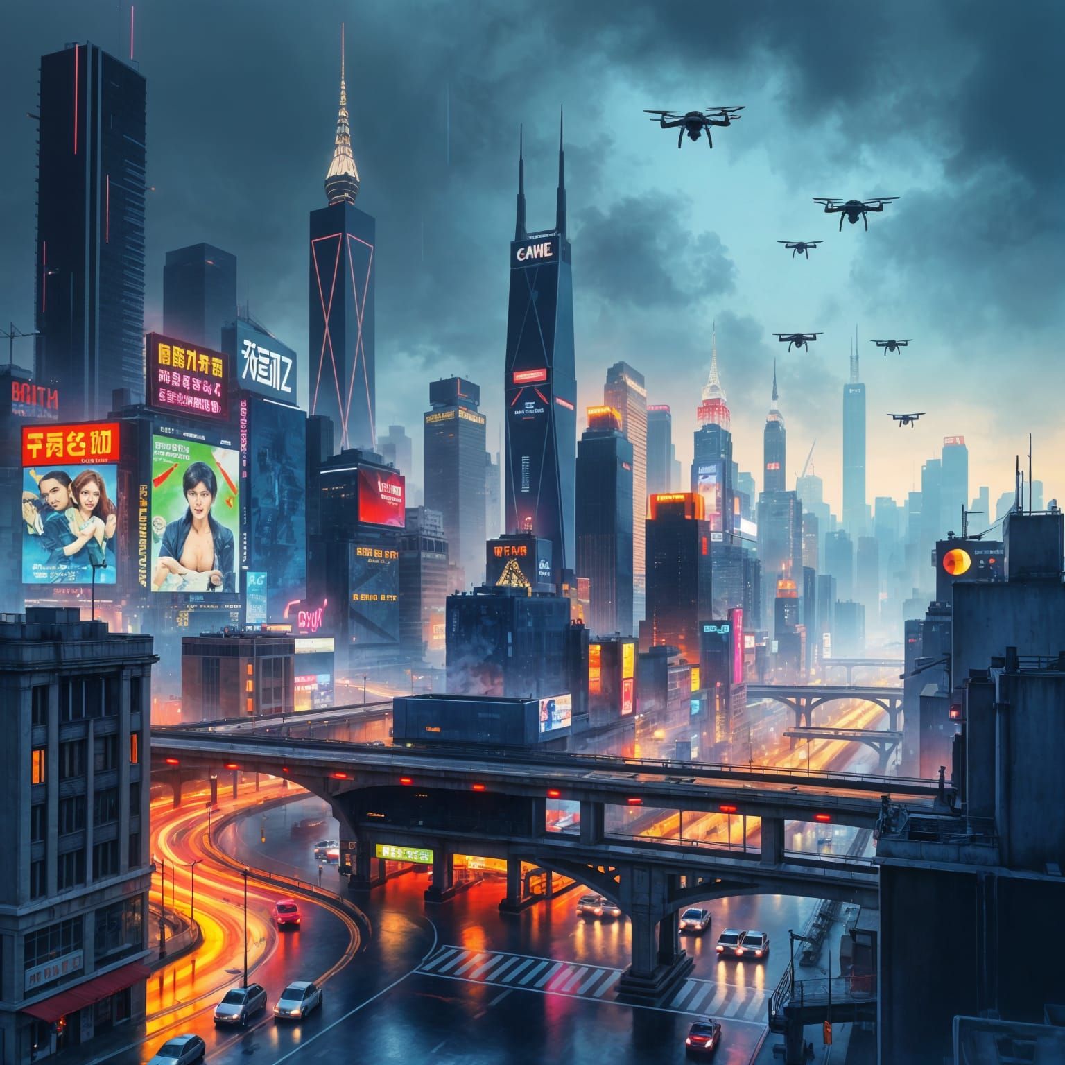 Neon Cityscape in Hyperrealistic Watercolor Style