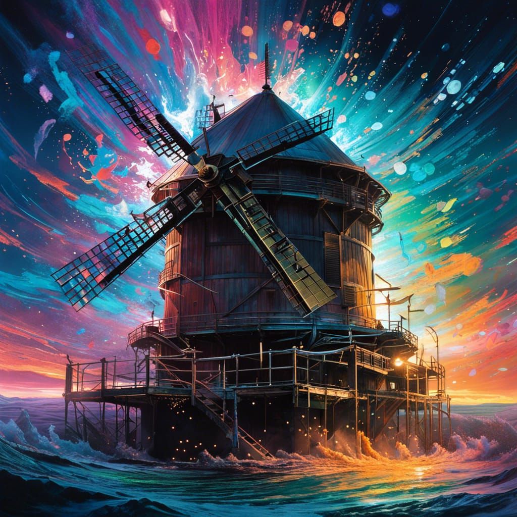 Whimsical Astral Windmill in Bioluminescent Whirlpool