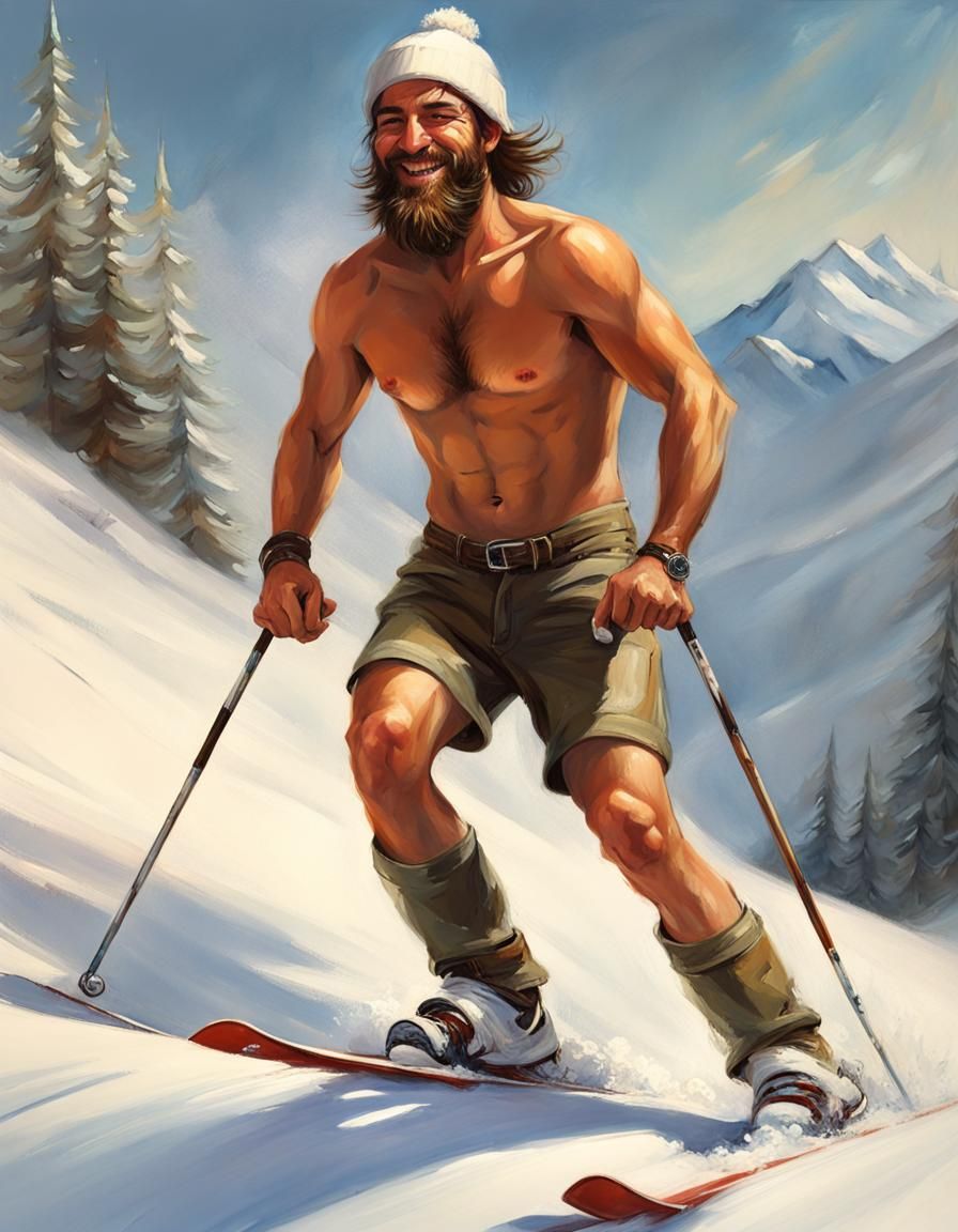 Smiling Shirtless Skier in Oil on Canvas
