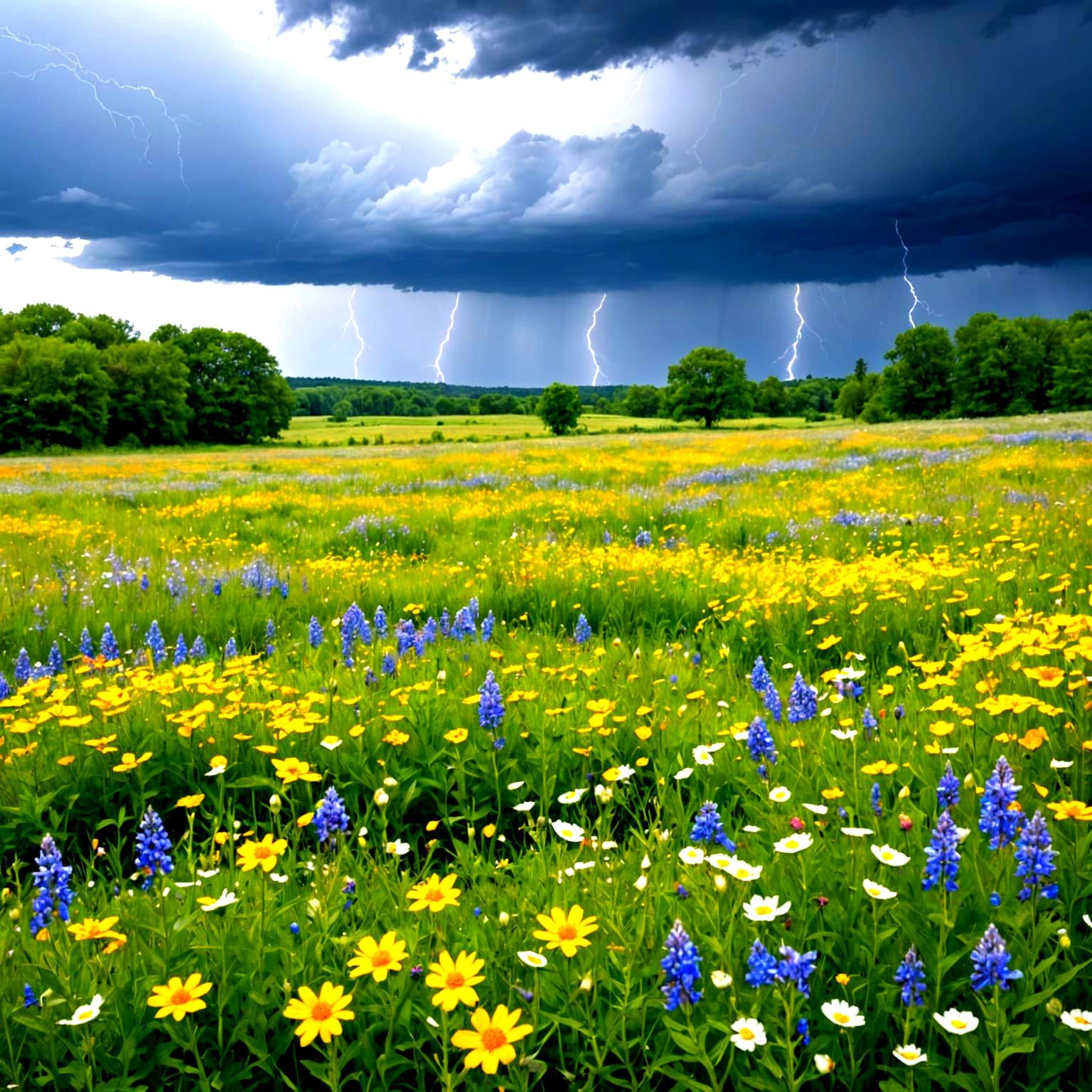 Wildflowers in Summer Rain: A Serene Landscape