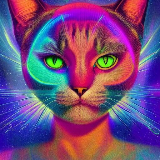 Holographic Astral Cat Illustration in Mixed Media
