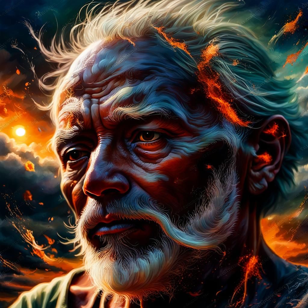 Iridescent Sunset Over Ocean in Gouache Painting Style