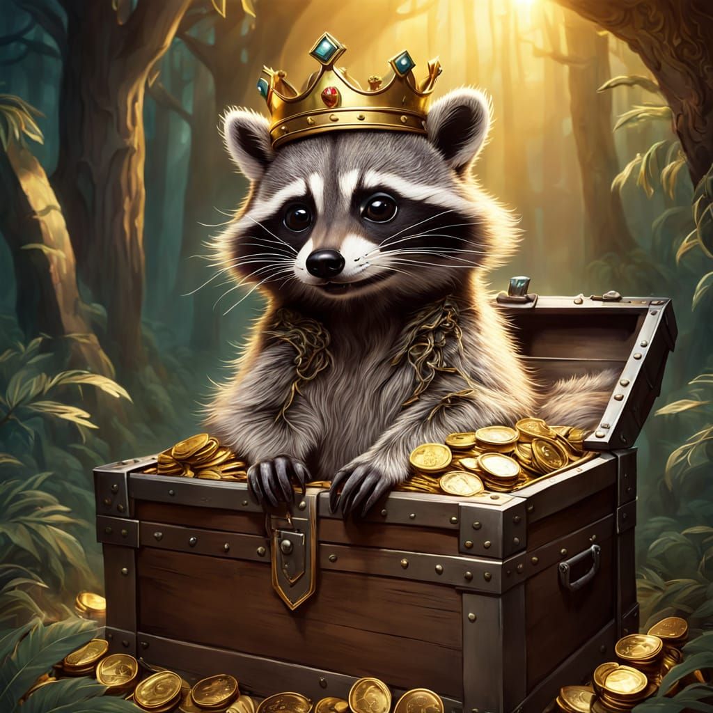 Regal Raccoon in Treasure Chest of Gold