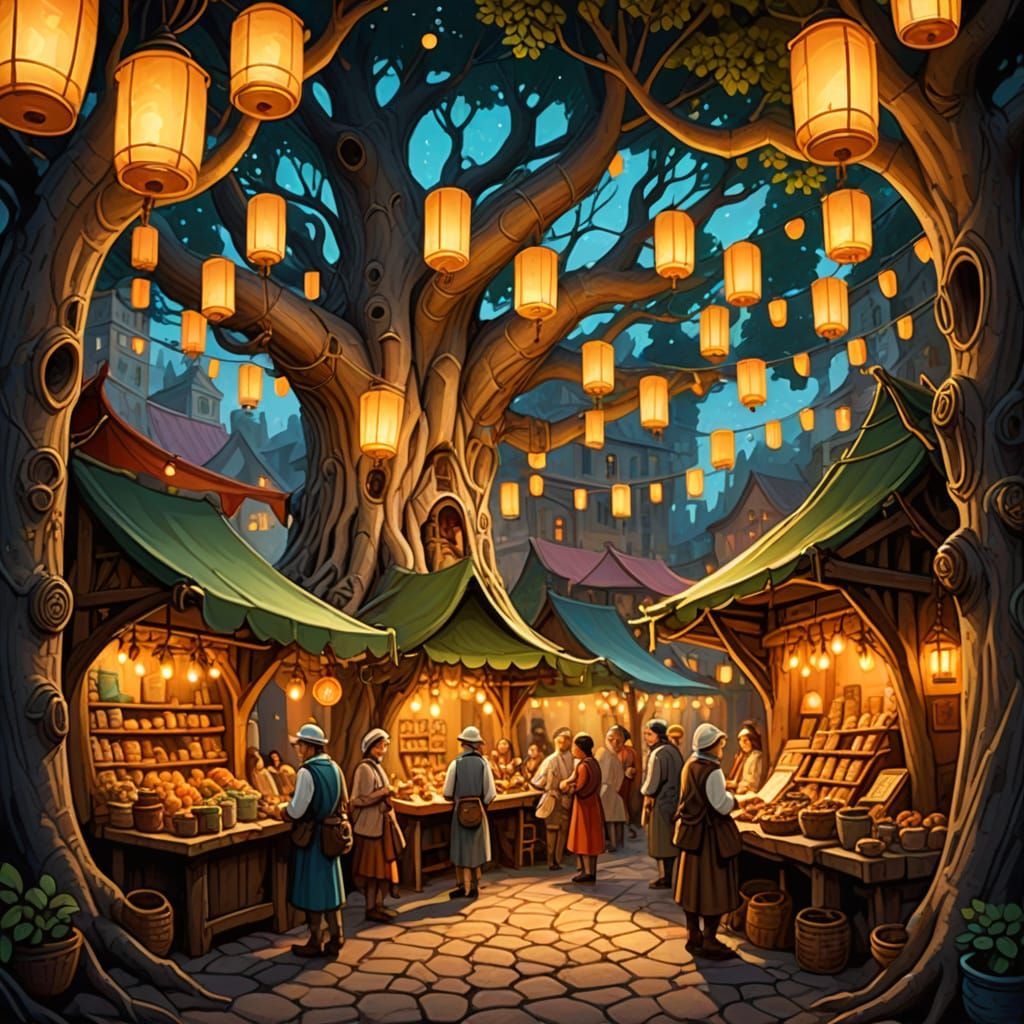 Enchanting Tree Root City Marketplace in Storybook Style
