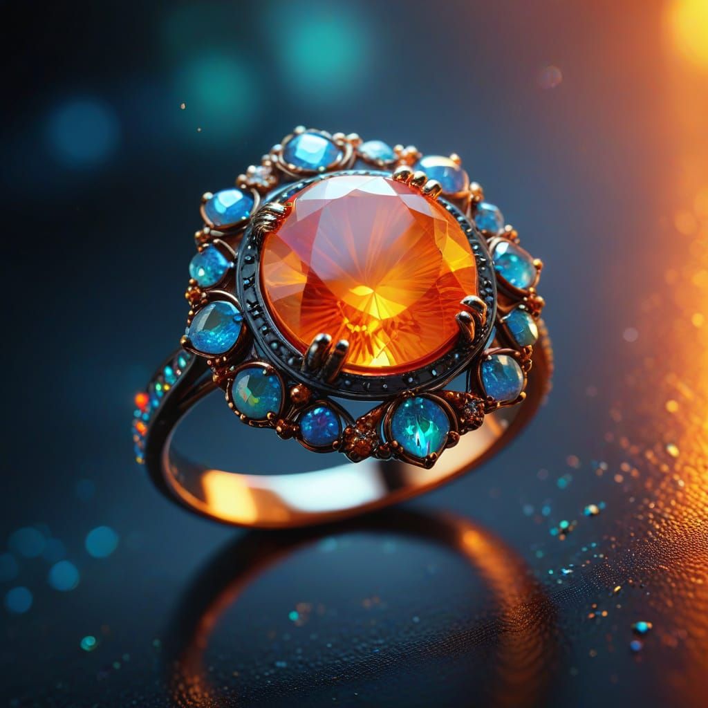 Macro Fire Opal Ring with Iridescent Details
