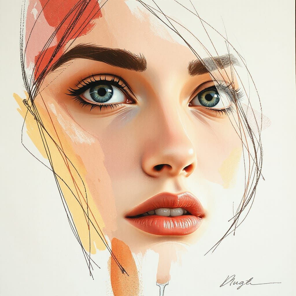 Concept Sketch of Woman's Face in Abstract Pastel Dreamscape