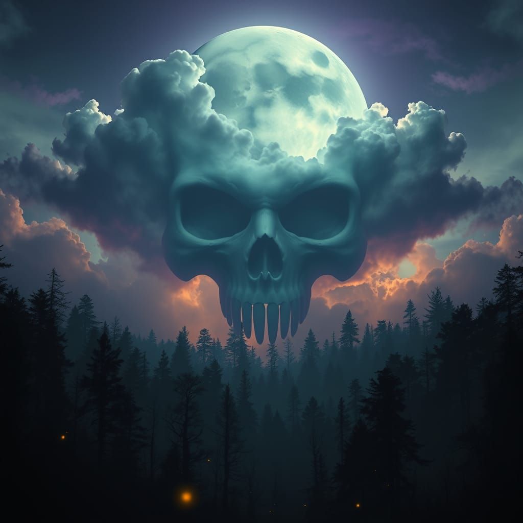 Surreal Gothic Nightmare: Ghost Skull Confronts Haunted Fore...