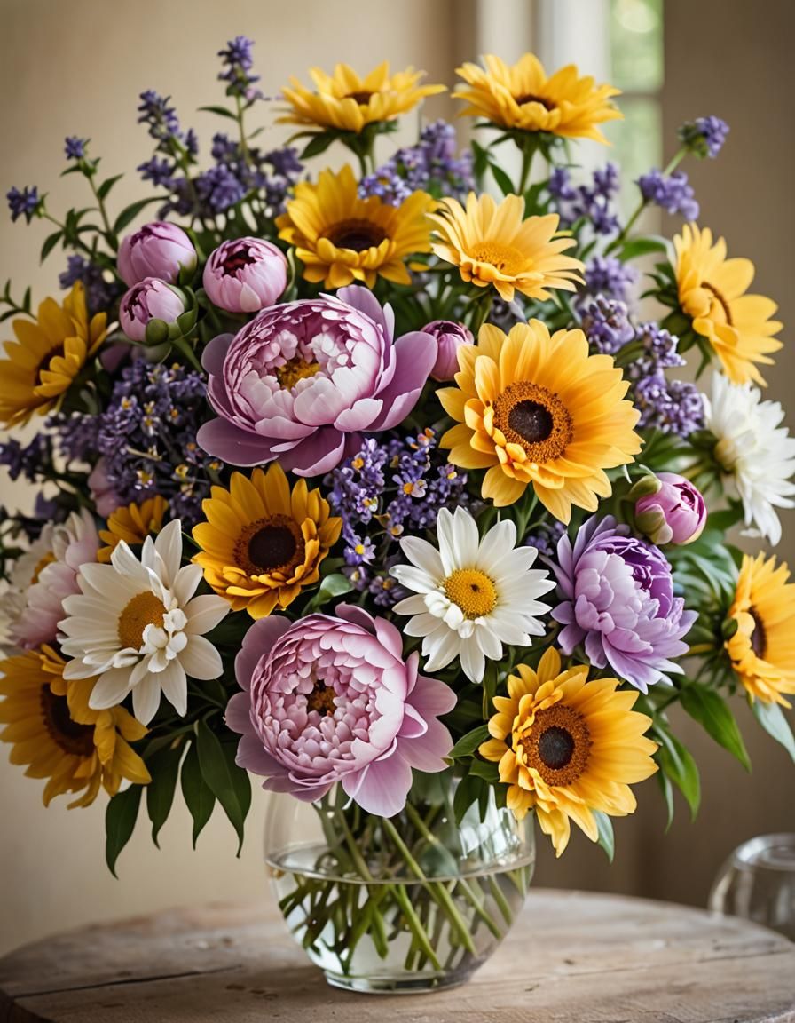 Floral Still Life: Peonies, Sunflowers, Lavender, Daisies