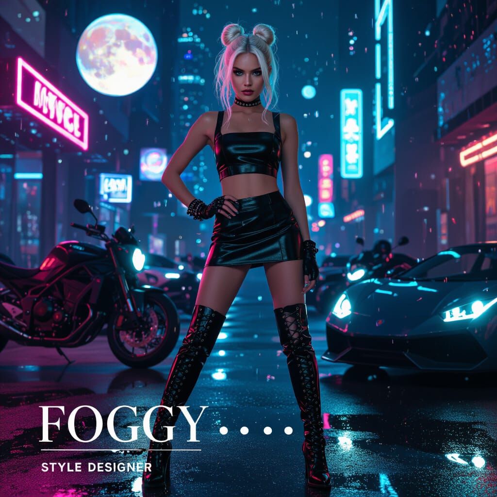 Futuristic Fashion Model in Cyberpunk Cityscape