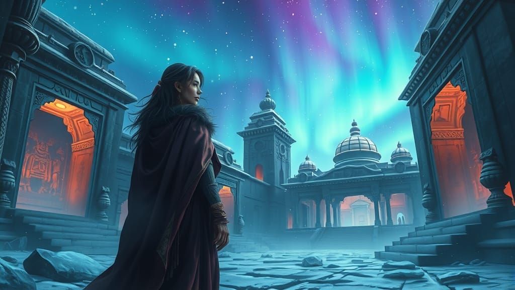 Ethereal Aurora Illuminates Ancient Temple Ruins