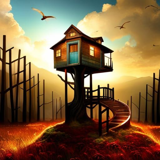 Whimsical Treehouse in Collage Art Style