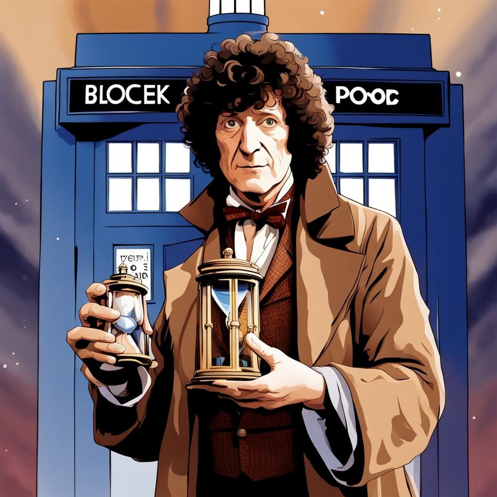 Fourth Doctor with Hourglass at the TARDIS