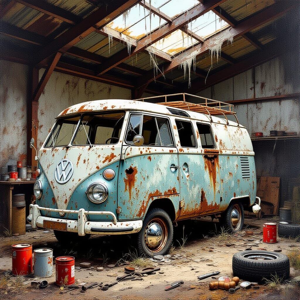 Rusted VW Camper Van in Oil Painting Style