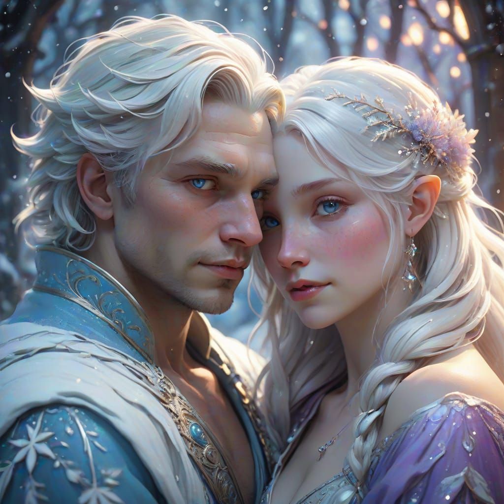 Whimsical Winter Wonderland Couple in Soft Pastel Hues