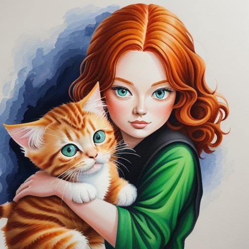 Ginger Kitten and Girl: Gouache Detailed Painting
