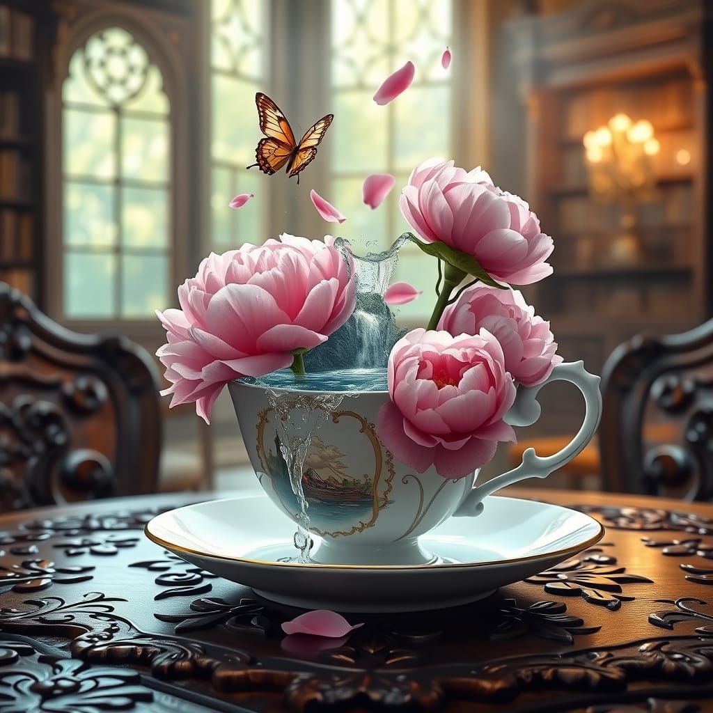 Surreal Peony Teacup Waterfall in Grand Library