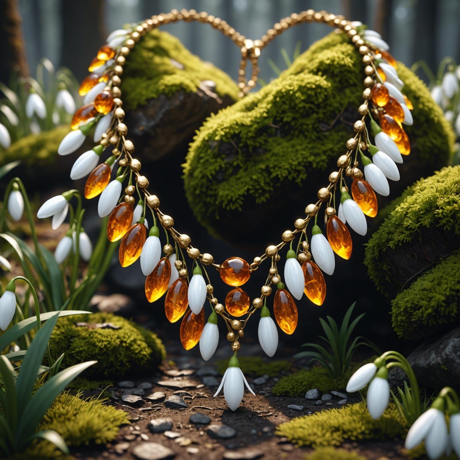 Snowdrop and Amber Necklace in 3D Style