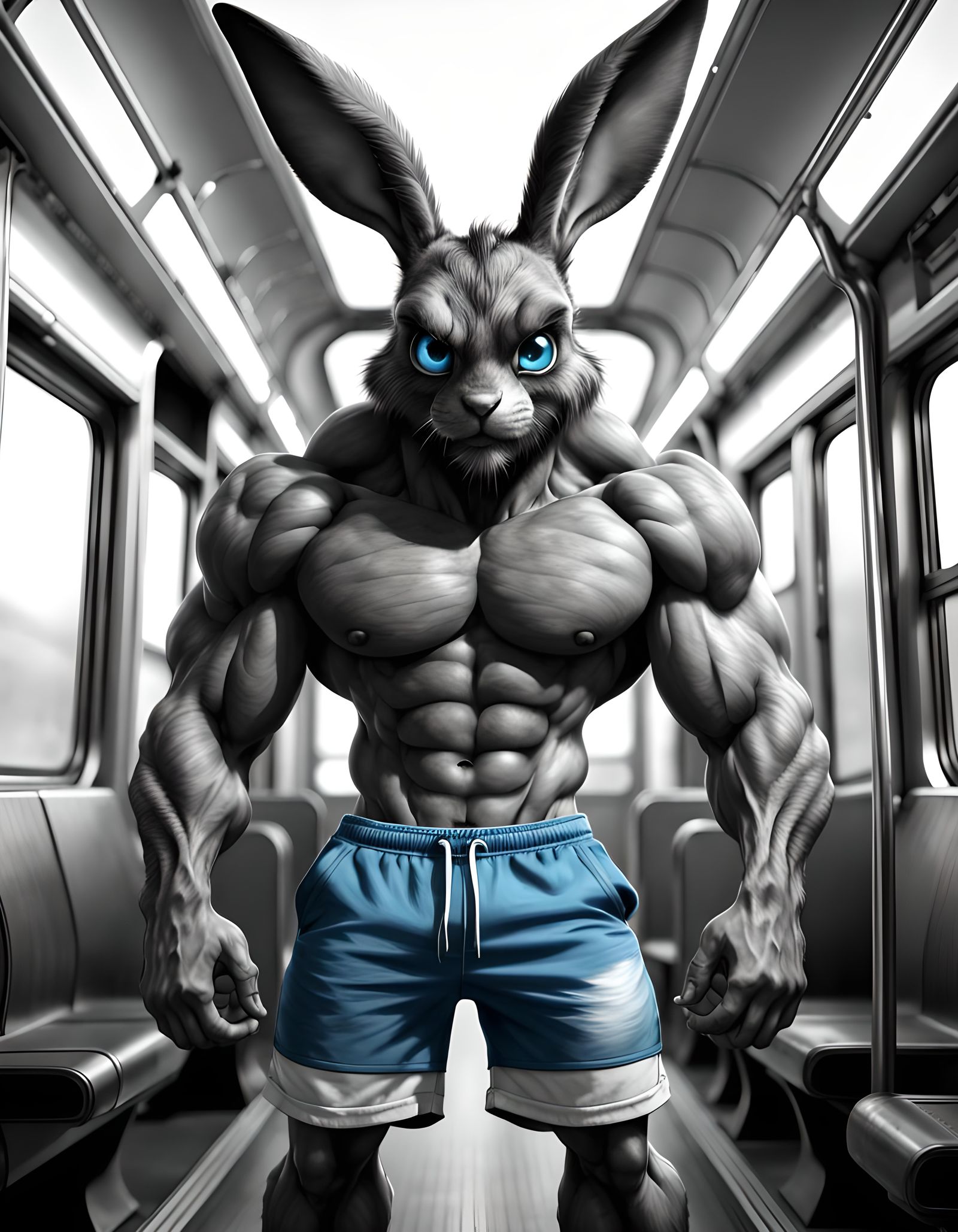 Muscular Monochrome Rabbit Monster on a Train