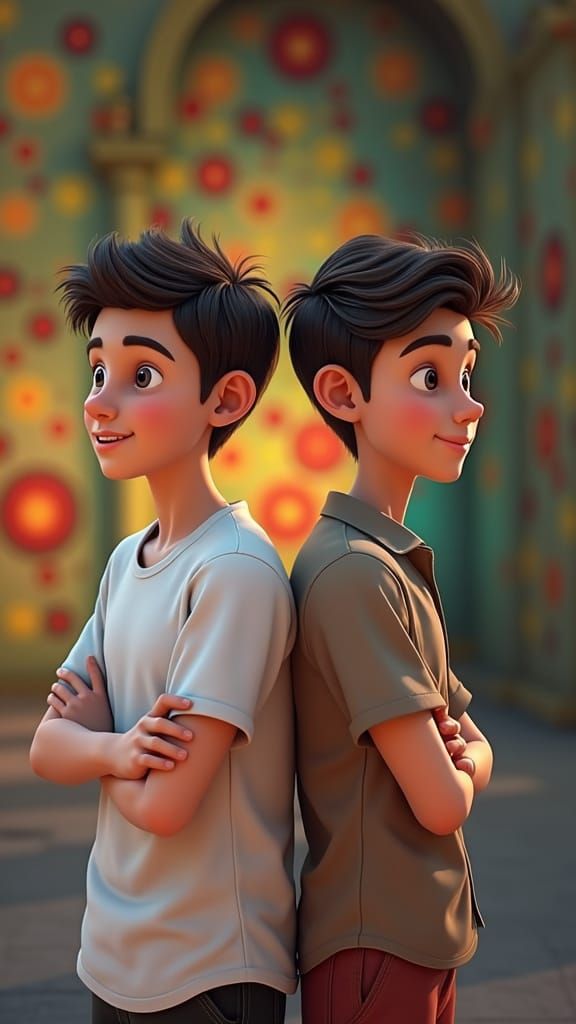 Brothers Back to Back in Pixar-Style 3D Rendering