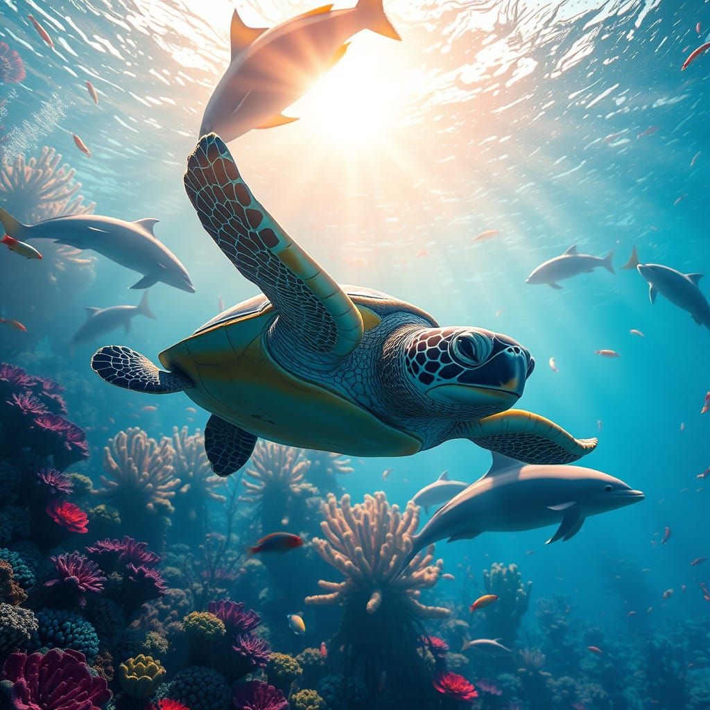 Vibrant Underwater Scene with Sea Turtle and Colorful Fish