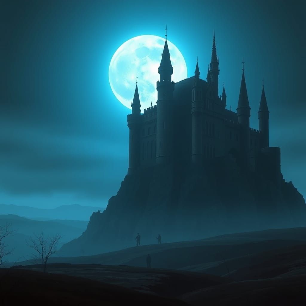 Gothic Castle at Dusk, Under a Full Moon