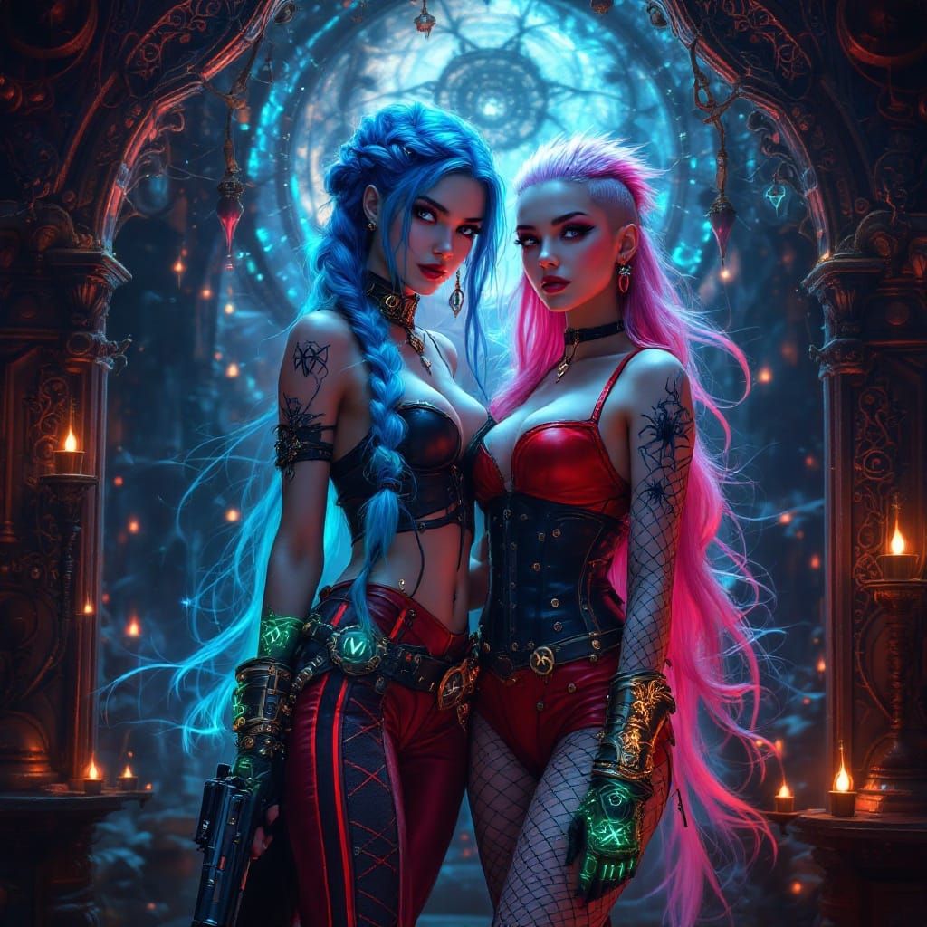 Steampunk Goddess Jinx in Immersive Dark Fantasy Landscape