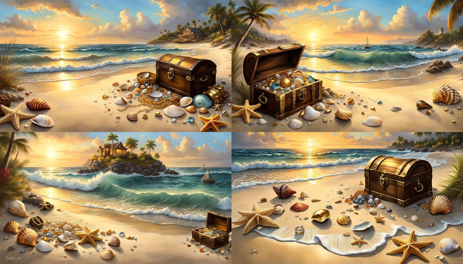 Golden Treasures on a Serene Beach: Digital Painting