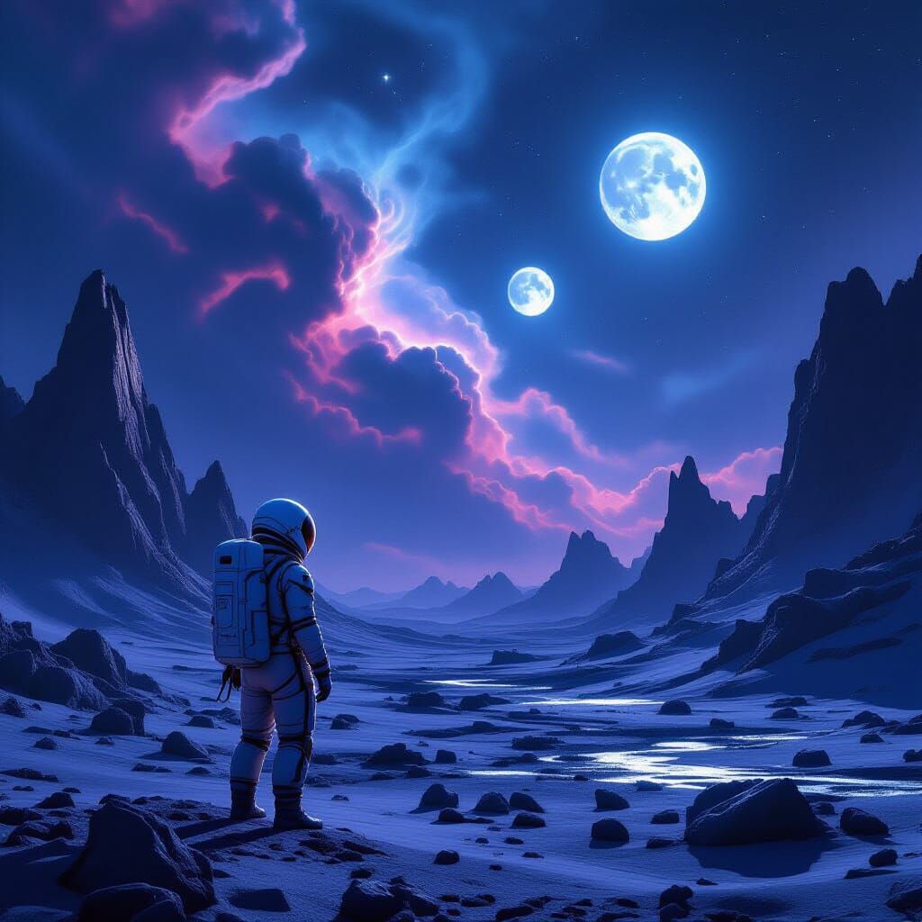 Astronaut on Alien Planet Gazing at Cosmic Sky