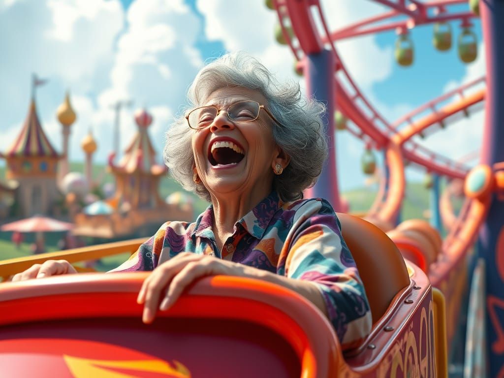 Delighted Woman on Roller Coaster in Dreamlike Amusement Par...
