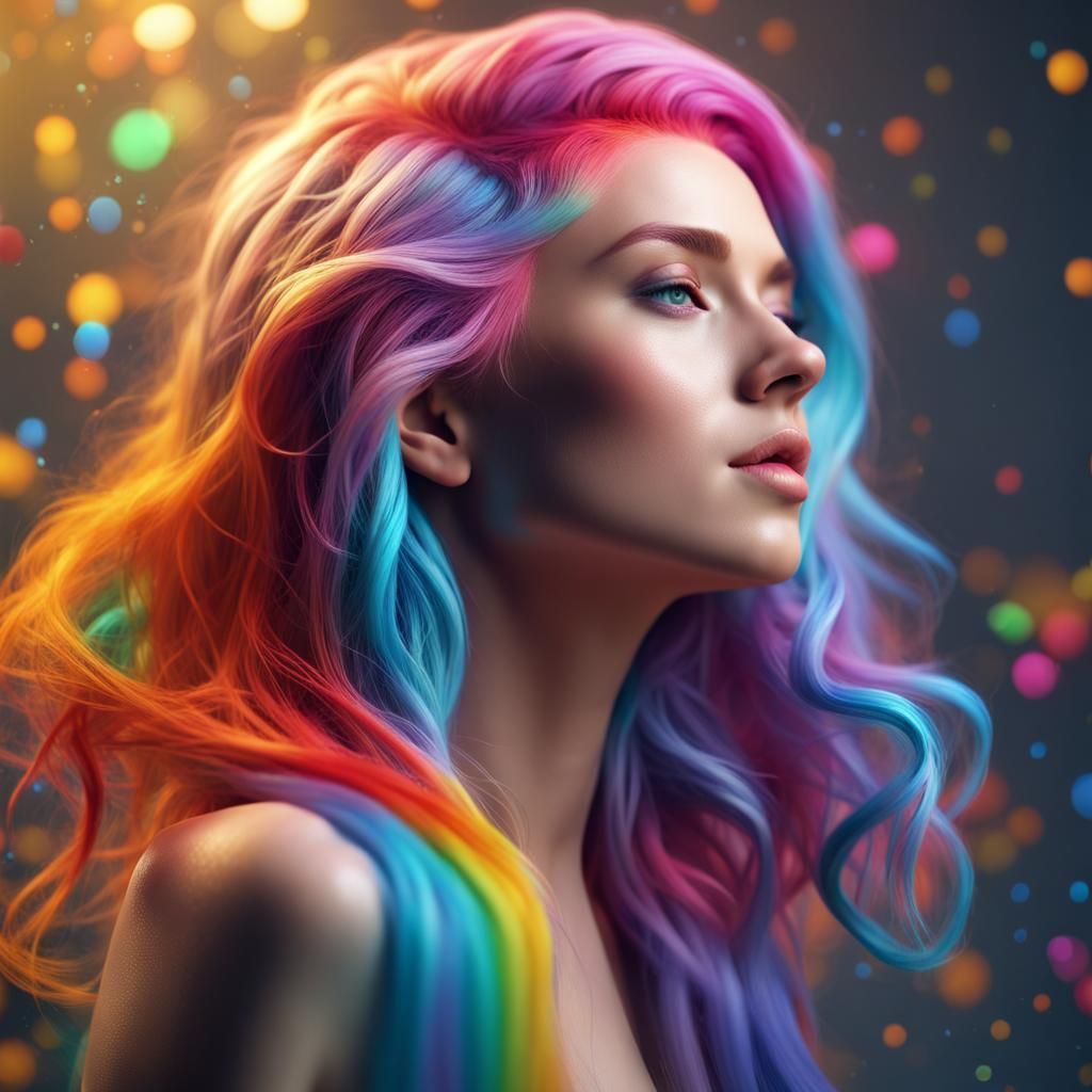 Rainbow-Haired Woman on Marble in Hyperrealistic Style