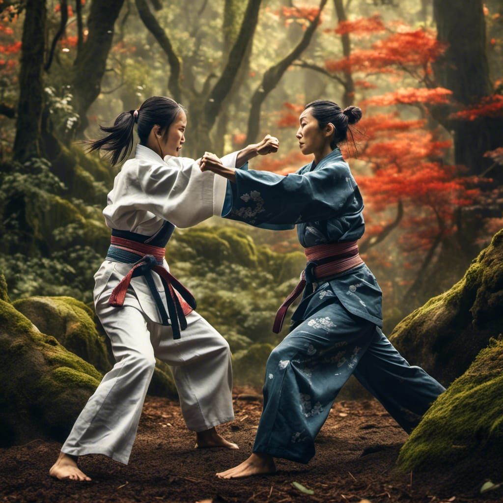 Japanese Women Karate Fight in Ink Painting Style