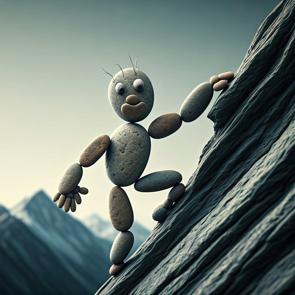 Pebble Creature Ascends with Determined Face