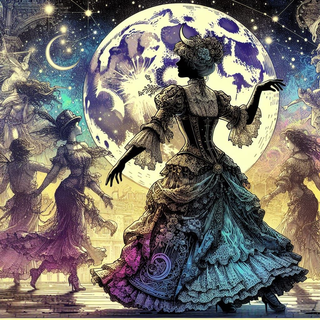 Steampunk Woman in a Moonlit, Psychedelic Scene