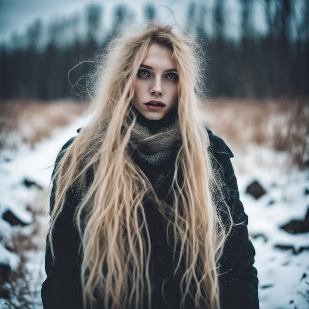 Enchanting Lovecraftian Girl in Winter Countryside