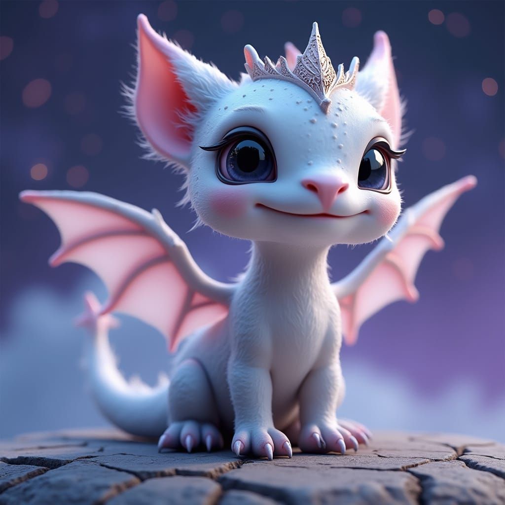 Adorable Furry Dragon with Crown in Starry Night