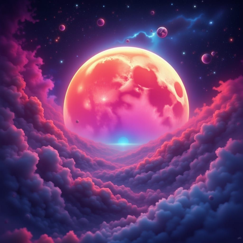 Pink Moon Amidst Starry Nebula in Nostalgic Futurism