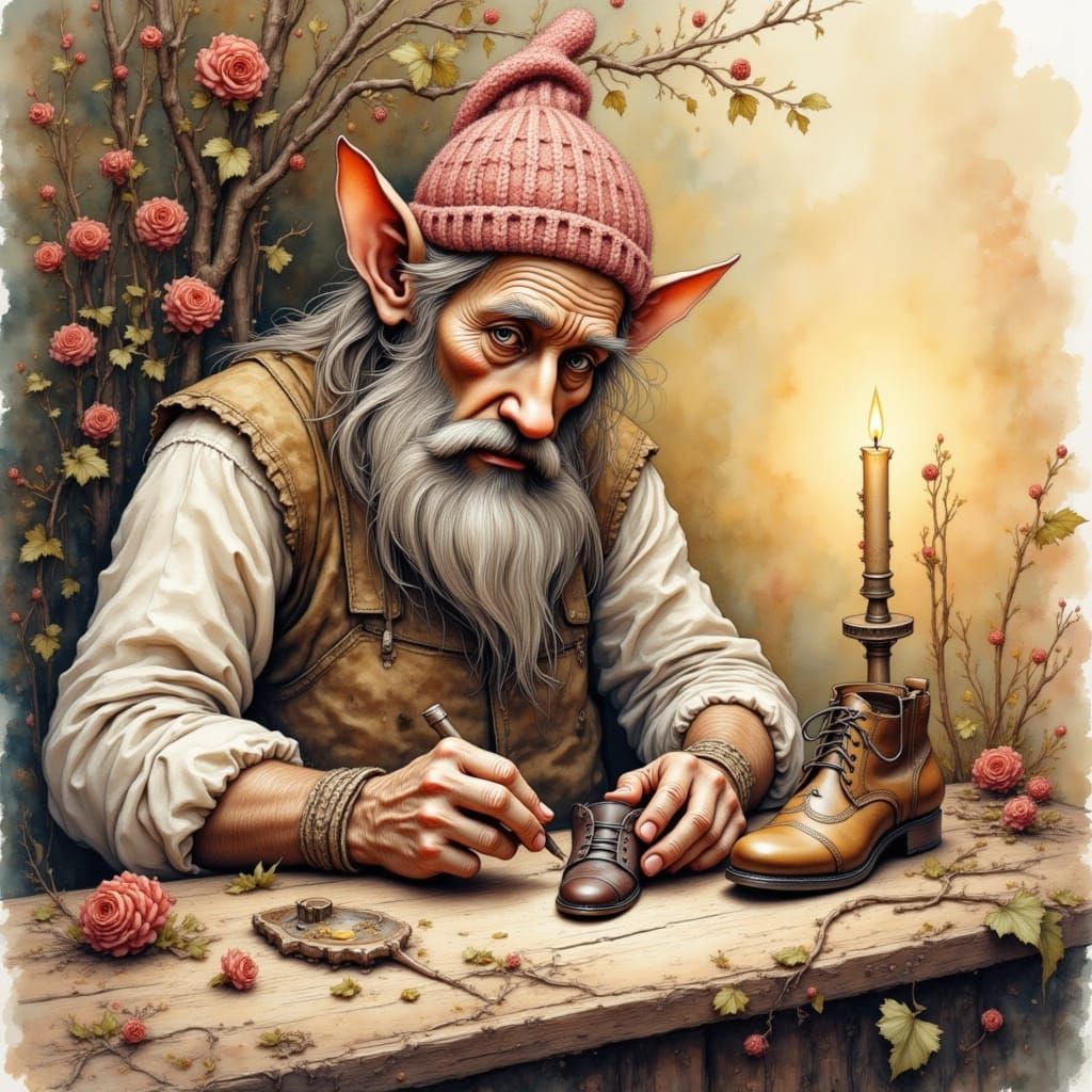 Dwarf Shoemaker Illustration in Watercolor Style