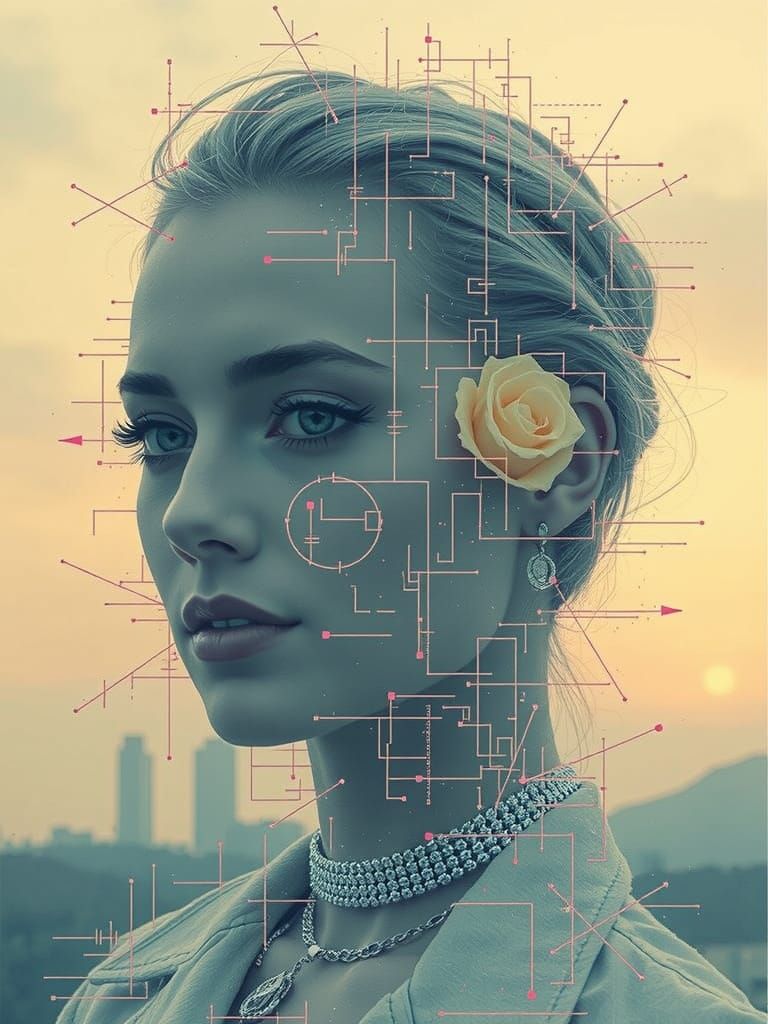 Neon Woman in Digital Glitch Art Portrait