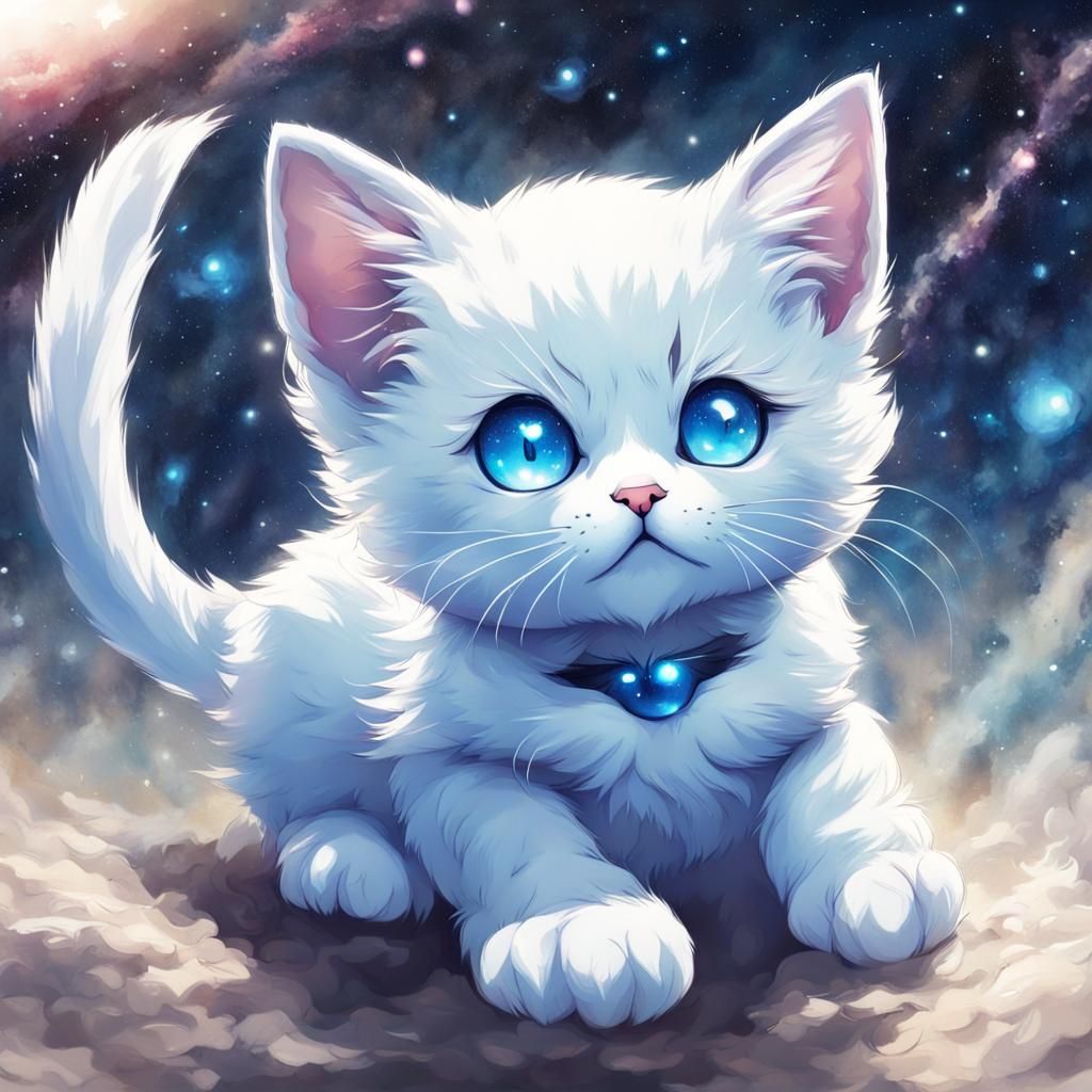 Blue and White Kitten with Galaxy Eyes in Anime Style