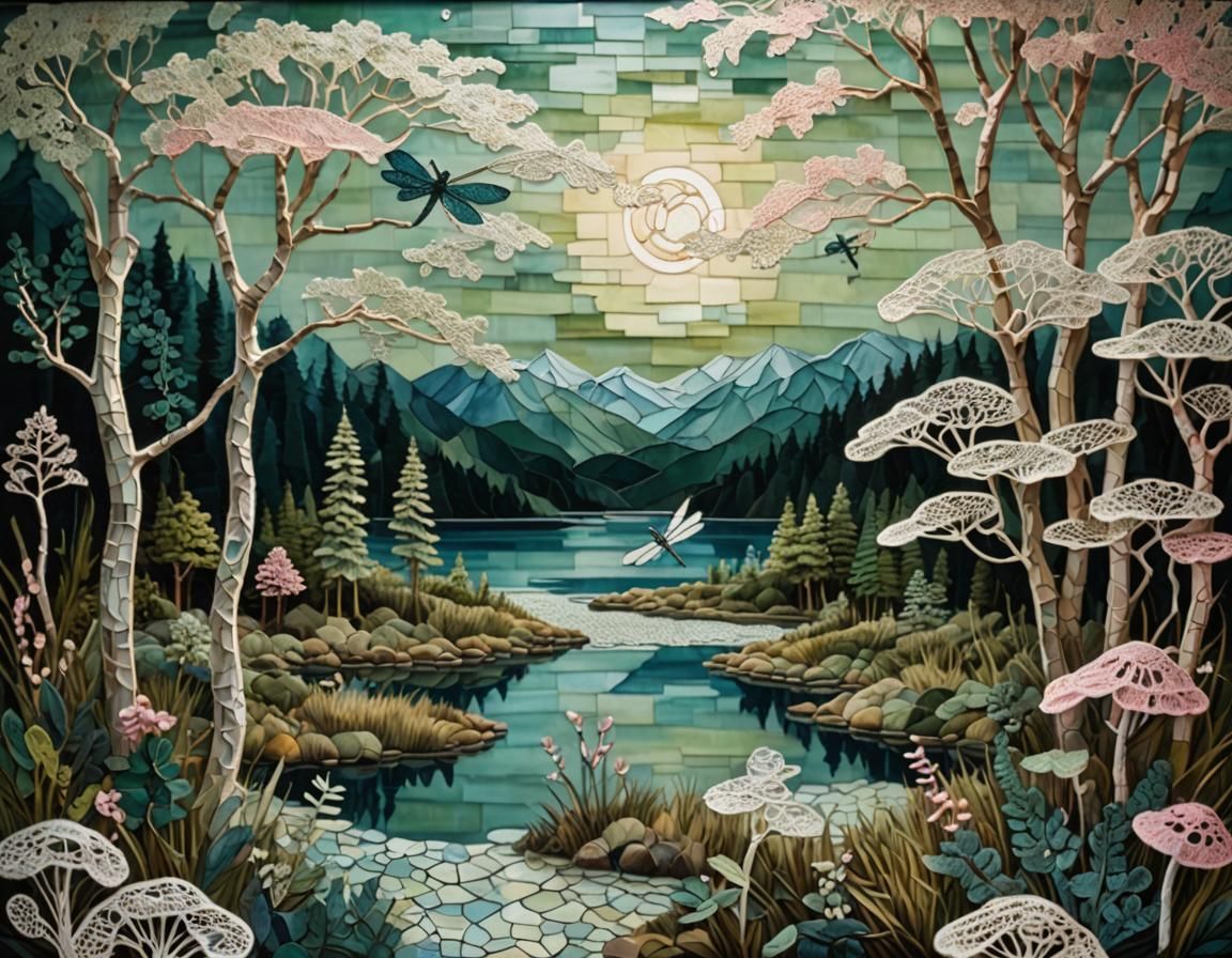 Lace Trees by Moonlit Lake: Stained Glass Mosaic