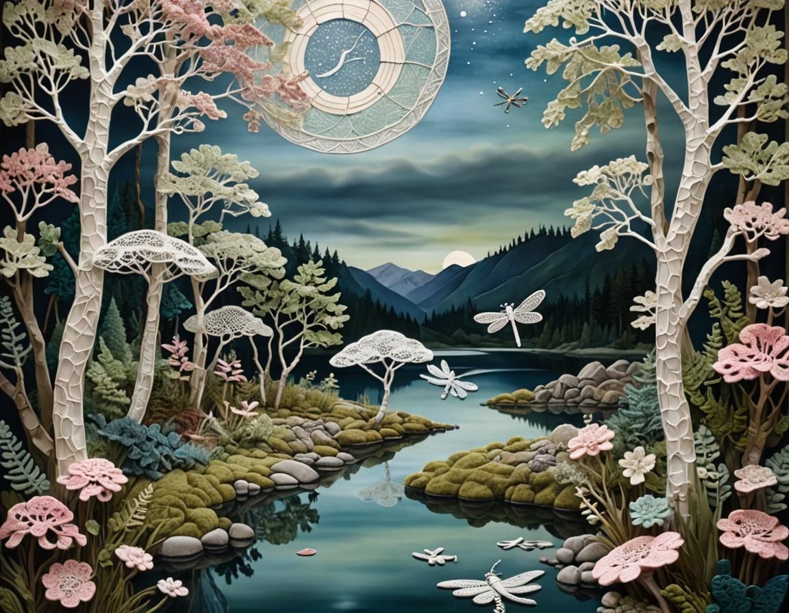 Luminous Crochet Lace Lake in Stained Glass Mosaic
