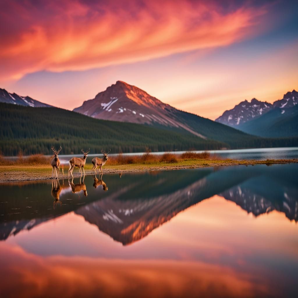 Colorful Mountain Landscape with Reindeer in the Distance