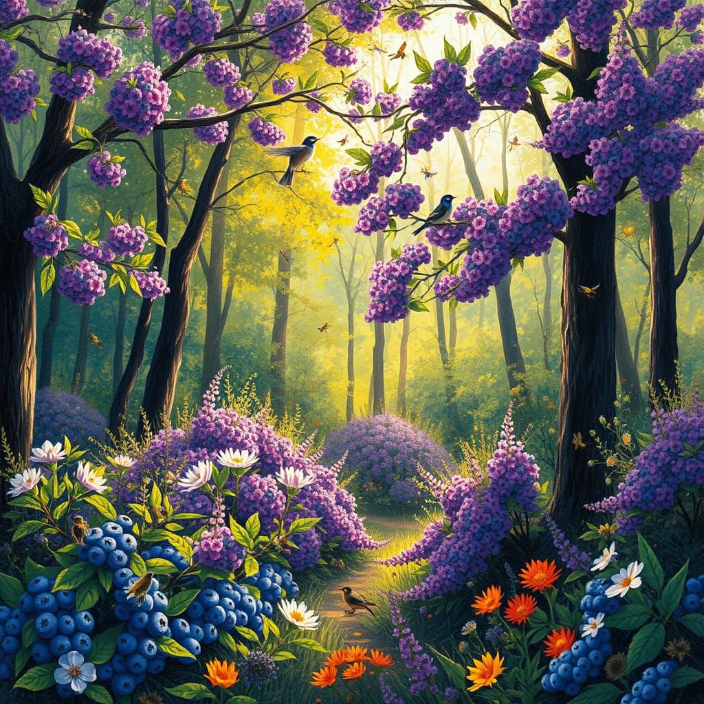 Whimsical Spring Forest Scene with Blooming Blueberry Bushes...